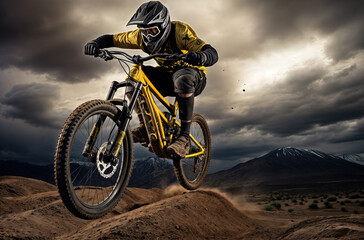 Naklejka premium Professional cyclist performing extreme stunt on mountain bike