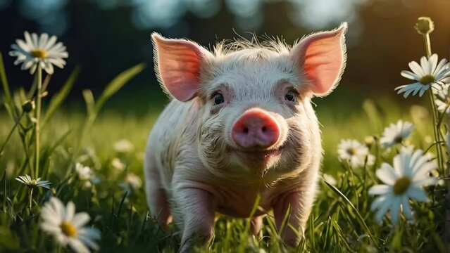 Cute pig on the lawn in summer