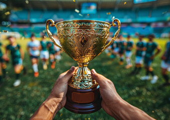 group of players holding a trophy celebrates winning a competition against a blue sky background. The concept of success. A cup during a sporting event or match.