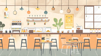 A cozy canteen room, with minimalistic tables and chairs.