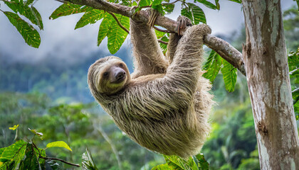 Funny sloth hanging on tree branch, cute face look, perfect portrait of wild animal in the Rainforest of Costa Rica scratching the belly, Bradypus variegatus, brown-throated three-toed sloth, relaxed