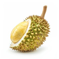 Obraz premium Close-up durian fruit, isolated on a white background, showcasing its spiky exterior and unique shape.