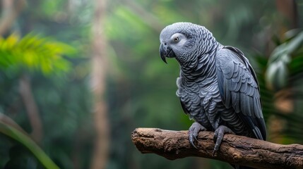 Obraz premium African grey parrot perched on a branch in a tropical forest