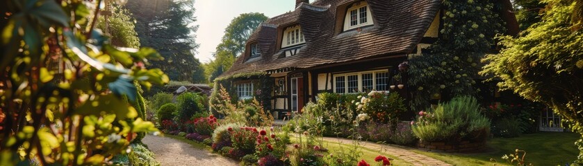 Charming cottage with Tudorstyle beams, a thatched roof, leaded glass windows, and a vibrant cottage garden, bathed in soft sunlight