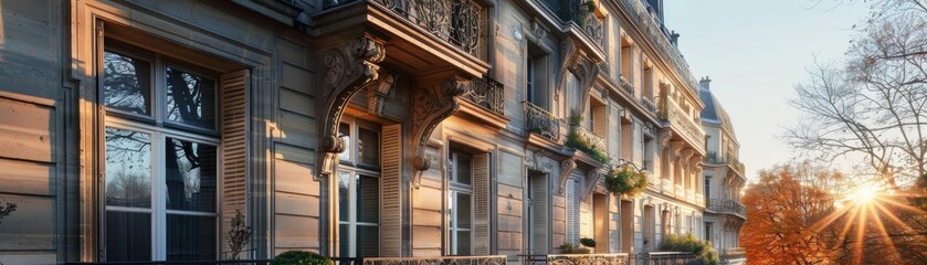 Obraz premium Elegant Haussmannstyle facade with tall windows, ornate wrought iron railings, and a limestone exterior, bathed in golden sunlight