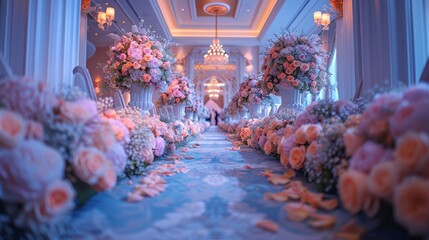Fototapeta premium Blue-hued lighting elevates the floral lined wedding pathway to dreamy heights.