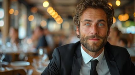 Fototapeta premium A cheerful man wearing a black suit sits at a busy restaurant table, looking directly at the camera with a warm smile, surrounded by a bustling and vibrant dining atmosphere.