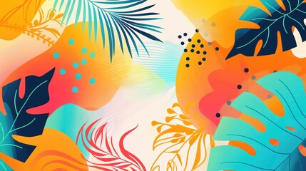 Fototapeta premium A colorful abstract background with blue, green, orange, and red leaves and geometric shapes. 