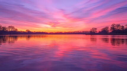 vibrant sunset casting a myriad of purple, pink, and orange hues over a serene lake, with silhouetted trees on the horizon reflecting on the tranquil water surface.