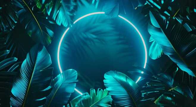 Green neon frame with a fluorescent circle, in tropical leaves. Seamless cyclic background overlay of virtual video animation in 4k format.