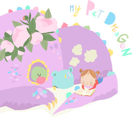 Cute Cartoon Girl reading Book with Her Pet Dragon. Vector Illustration