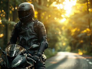 Obraz premium Motorcyclist wearing protective gear sitting on sports bike on forest road