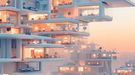 Futuristic cityscape with illuminated floating modular structures.