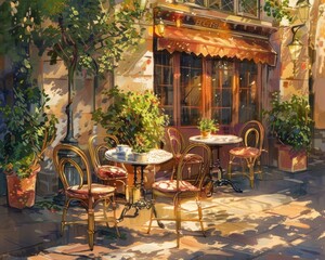 Quaint Parisian cafe scene with bistro chairs, marbletopped tables, and potted plants, bathed in warm afternoon light