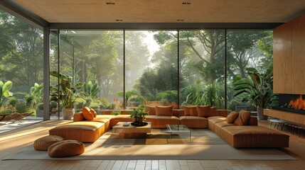 Spacious living room with cozy sofas and a panoramic window overlooking a forest.