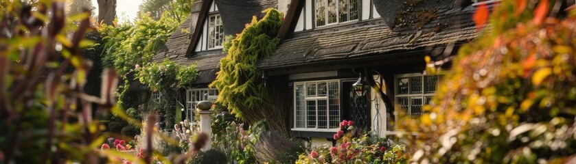 Fototapeta premium Closeup of a Tudorstyle cottage with decorative beams, leaded glass windows, a thatched roof, and a colorful cottage garden