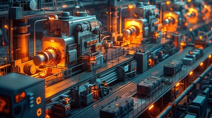 Detailed illustration of a complex futuristic factory floor bustling with machinery.