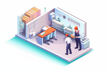 Isometric factory interior with workers and equipment 3d vector illustration.