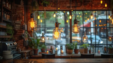 Ambient caf&eacute; interior with vintage bulbs and rustic wooden furniture creating a homey atmosphere.
