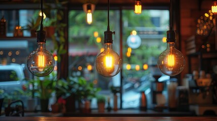 Obraz premium Three vintage light bulbs hang over a cafe setting, emanating a warm glow.