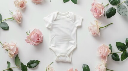 A white baby onesie displayed on a white background surrounded by pink roses, creating a soft and delicate visual perfect for baby-themed content and products.
