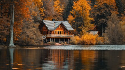 Cozy wooden cottage by the lake in the fall woods. Cozy autumn season concept 