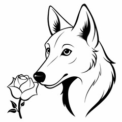 German shepherd smells a white rose flower  vector