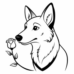 German shepherd smells a white rose flower  vector