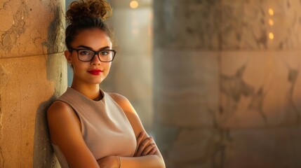 Fototapeta premium Young woman with glasses and red lipstick, standing confidently against a textured wall in warm lighting.