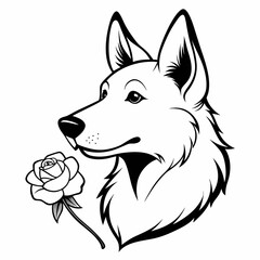 German shepherd smells a white rose flower  vector