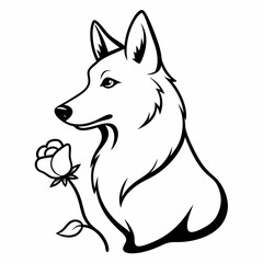 German shepherd smells a white rose flower  vector