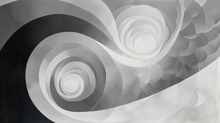 dynamic grayscale spirals that create a sense of movement and depth, evoking feelings of infinity, mystery, and fluidity in a modern artistic style.