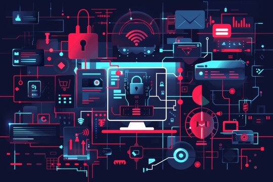 cyber threat faced by organizations flat illustration featuring common cybersecurity. malware, phishing emails, ransomware attacks, importance of cybersecurity awareness and preparedness