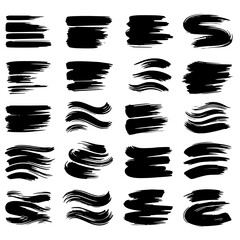 set of horizontal black brush strokes irregularly isolated on white background