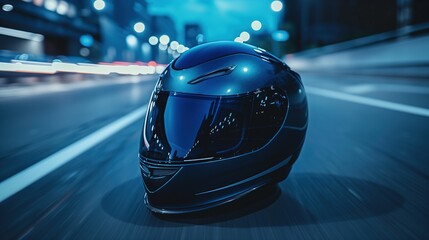 Fototapeta premium Sleek black motorcycle helmet on a city street at night with blurred lights, speed and motion concept 