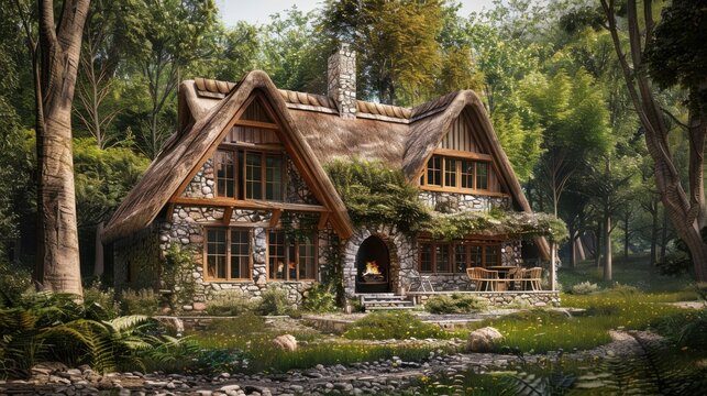 Beautiful stone cottage featuring wooden beams, a traditional open hearth fireplace, and a quaint thatched roof, perfect for a rustic retreat