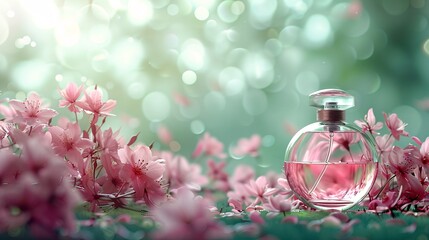 Elegant Perfume Bottle Surrounded by Pink Cherry Blossoms with Soft Bokeh Background