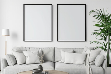 Frame mockup, ISO A paper size. Living room wall poster mockup. Interior mockup with house background. Modern interior design. 3D render