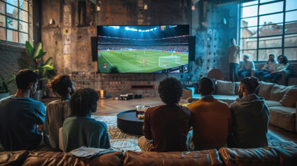 Group of friends gathered in cozy living room, enjoying a soccer match on a large TV screen, creating a lively atmosphere.