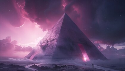 Mystical Pyramid at Dusk with Glowing Entrance and Crescent Moon in a Dreamlike Landscape