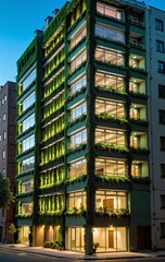 Obraz premium Inner-city residential building with a planted facade that regulates seasonal temperatures and creates an ecosystem for natural diversity