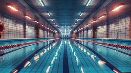 Obraz premium Modern Indoor Swimming Pool with Symmetrical Lighting and Tiled Walls