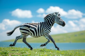 Fototapeta premium Graceful zebra galloping in a vibrant meadow under clear blue skies