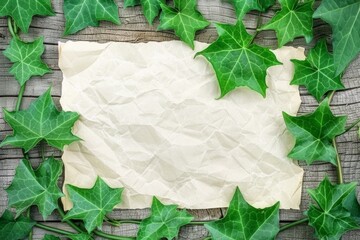 Crumpled blank paper surrounded by fresh green ivy leaves on a wooden background