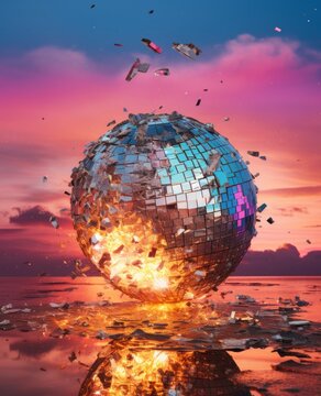 A dramatic image of a disco ball exploding into reflective shards against a stunning sunset sky, representing the burst of vibrant energy and excitement.