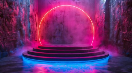 An archway of neon light creates a portal in a textured dark space.