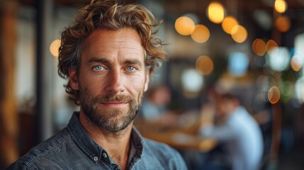 A man with curly hair and a beard smiling warmly, set against a lively, modern cafe background with warm lighting and blurred patrons in the background.