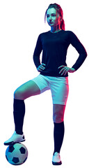 Full-length portrait of young girl, soccer player in uniform posing with ball, showing confidence and motivation isolated on transparent background. Concept of sport, competition, tournament, game © master1305
