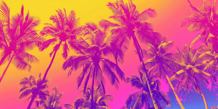 A vibrant and colorful background with palm trees, creates an exotic atmosphere