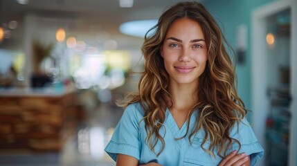A nurse in blue scrubs smiles brightly in a clinic, radiating positivity and dedication, representing the compassionate care provided by healthcare staff.